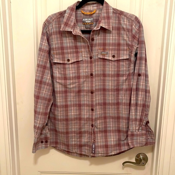 Ariat Rebar Plaid L/S Work Shirt pockets women’s sz‎ M muted, rose and blue - Picture 1 of 16